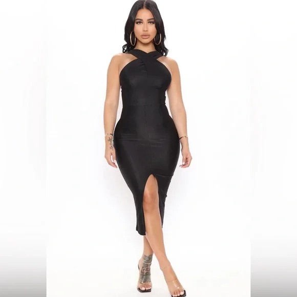 knee length dresses for ladies Selene Olive Halterneck Ruched Midi Dress (Final Sale), L / Green main image 0